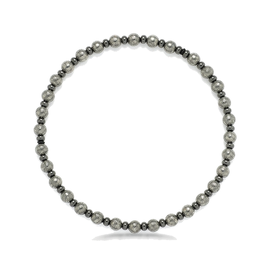 Men Silver Textured & Black Round Bead Alternating Bracelet Elastic Stretch