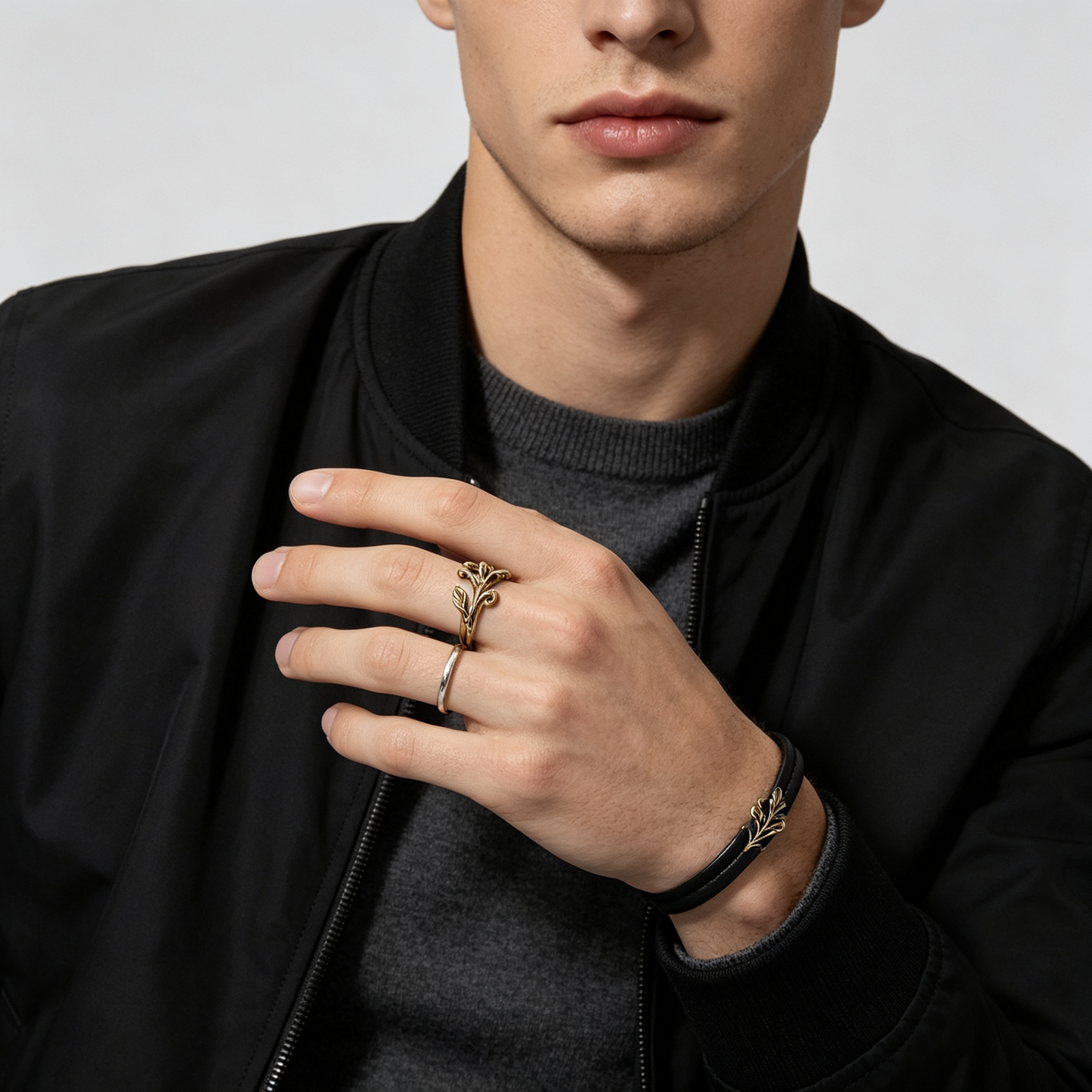 Men Vintage Gold Twisted Branch Leaf Open Ring