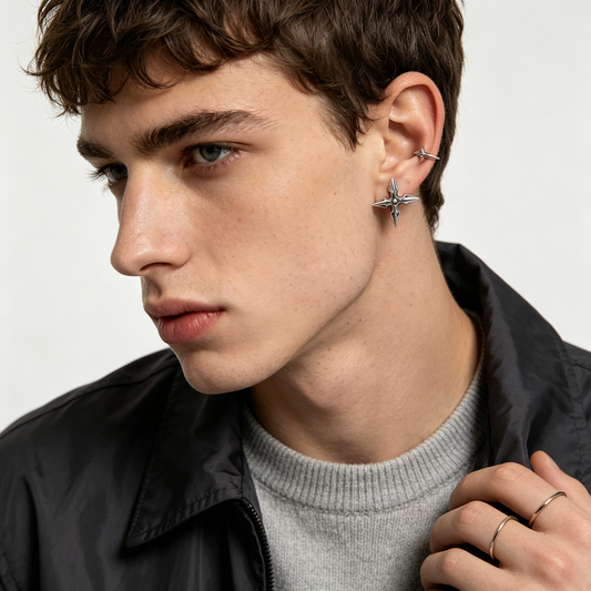 Men Antique Silver Shuriken Ninja Star Stud Earring Single