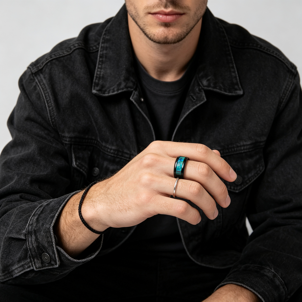 Men Black Tungsten Ring Synthetic Opal Inlay Band