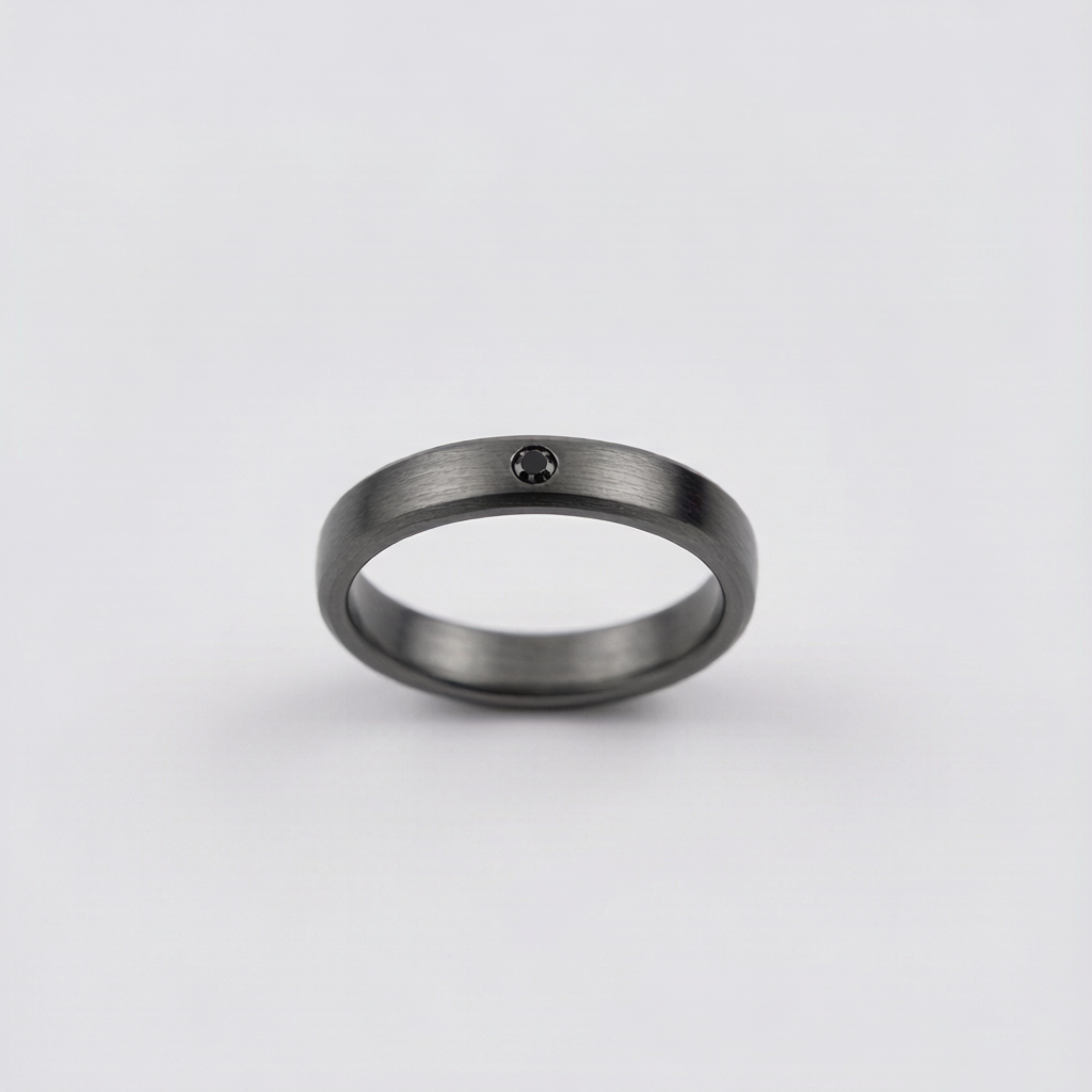 Men Brushed Silver Open Split Ring With Black Square Gem