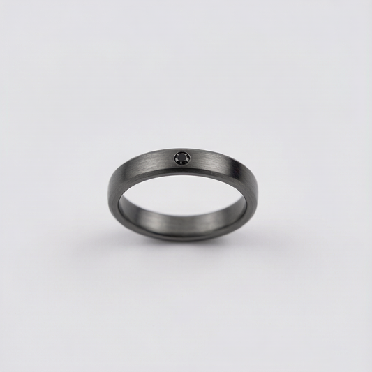 Men Brushed Silver Open Split Ring With Black Square Gem