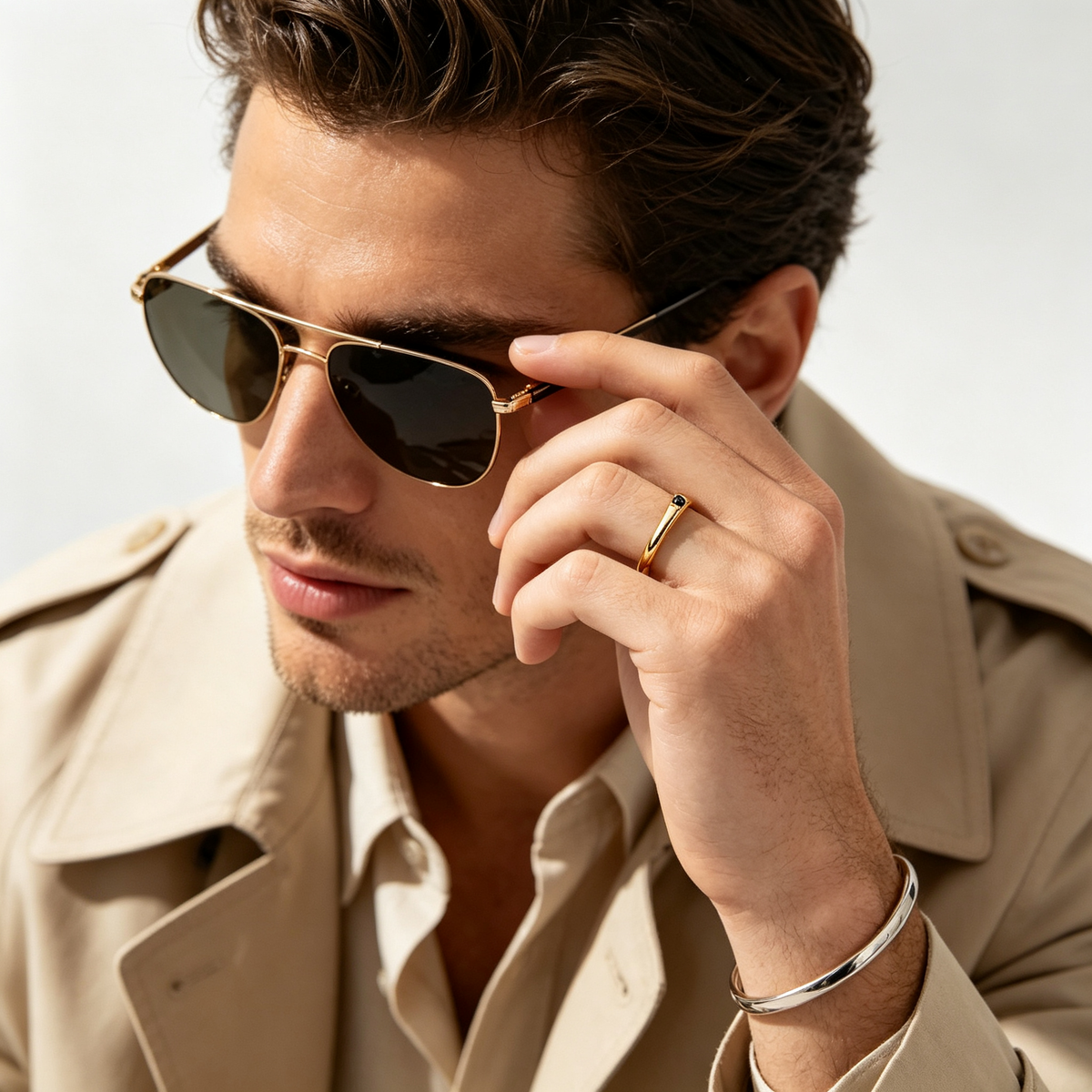 Men Thin Gold Tone Minimal Band Ring With Tiny Black Stone