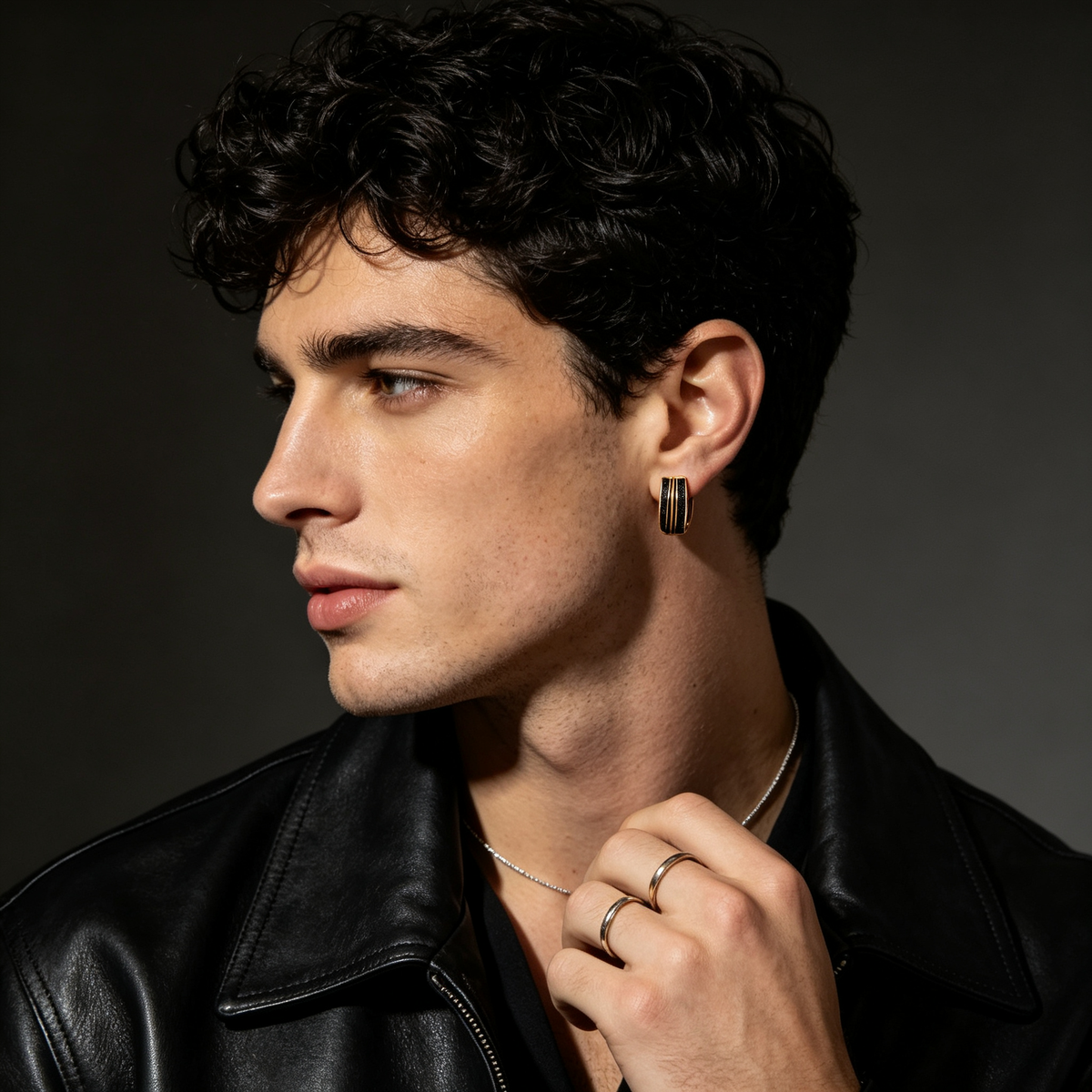 Men Gold‑Tone Black Glitter Multi‑Layer Hoop Earring With Tiny Crystals Single