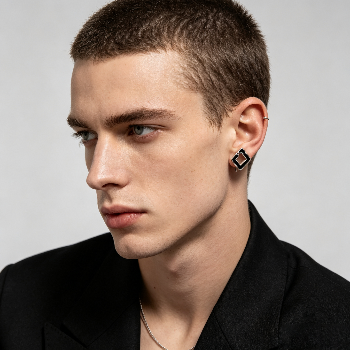 Men Silver Geometric Square Hollow Stud Earrings Black Enamel Inlay Pair