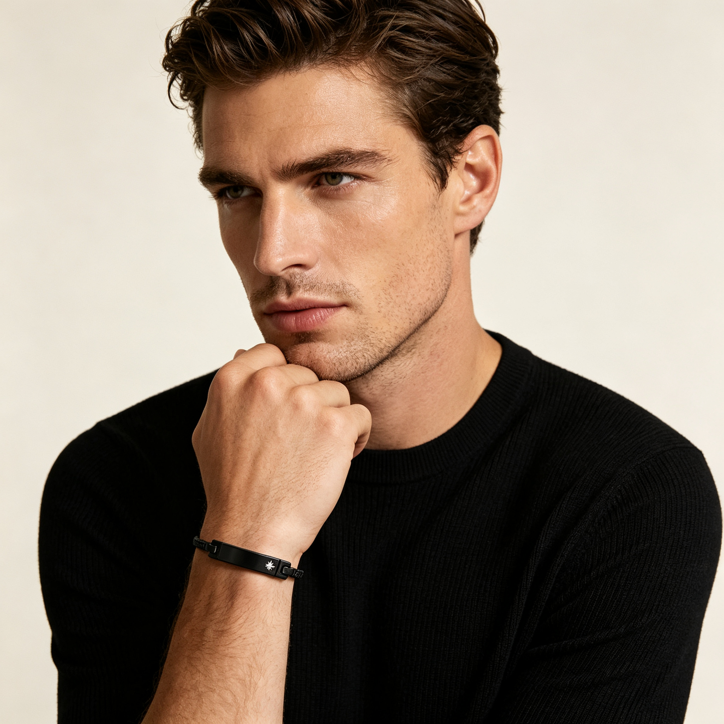 Men Minimal Black Flat Bar Bracelet Thin Cable Chain Adjustable Wrist Jewelry