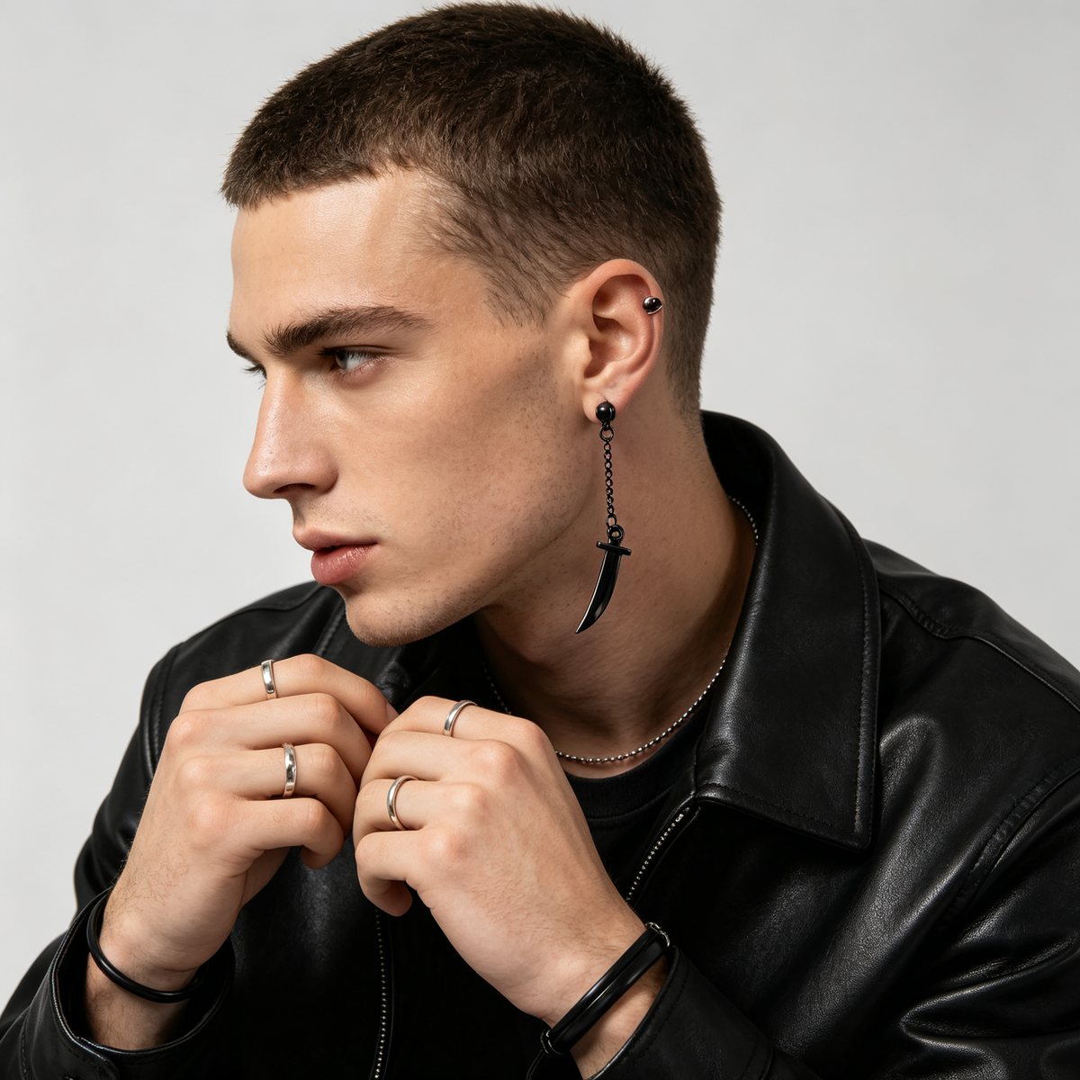 Men Black Chain Dagger Sword Charm Dangle Stud Earring Single