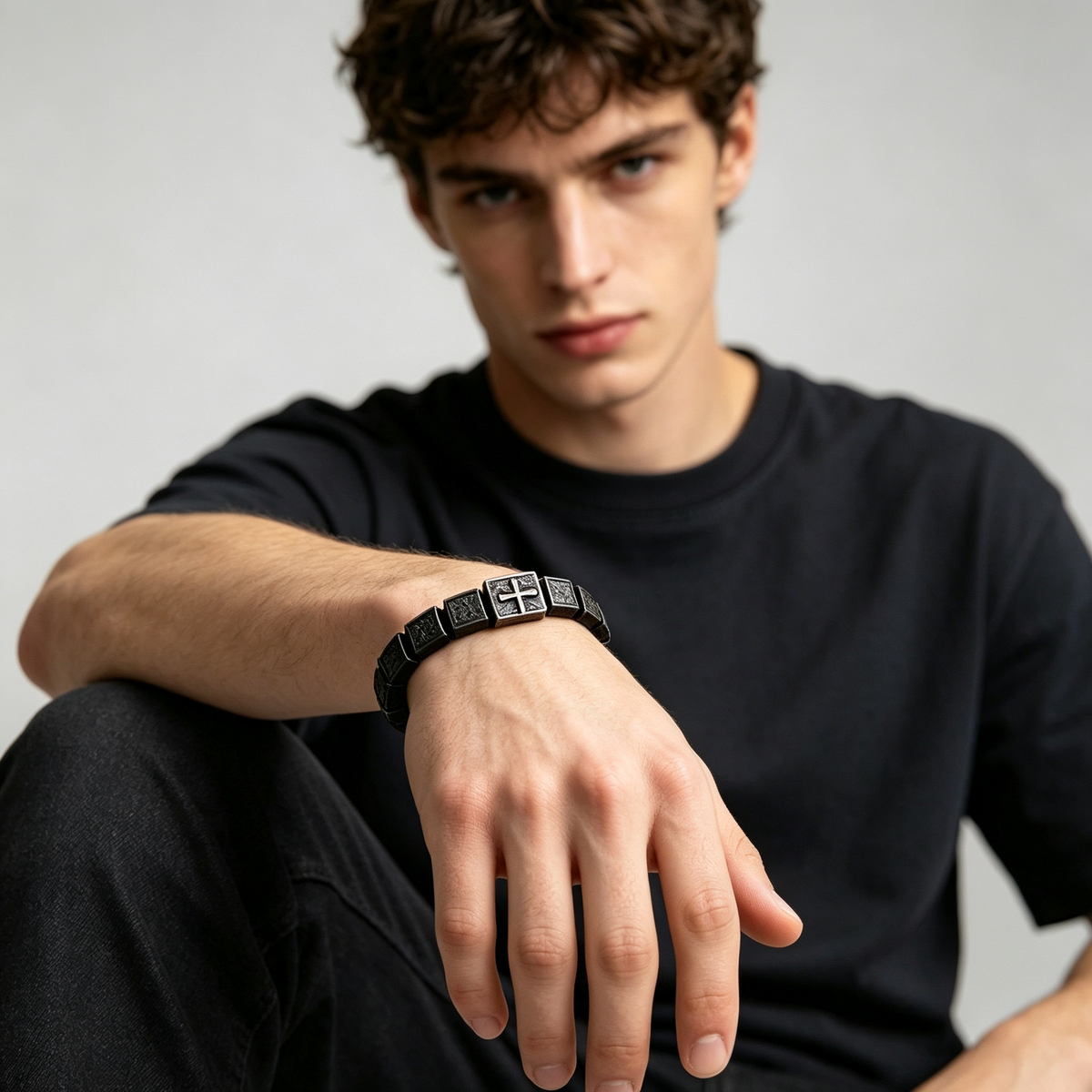 Men Cross Black Box Chain Bracelet Matte Stainless Steel Wristband