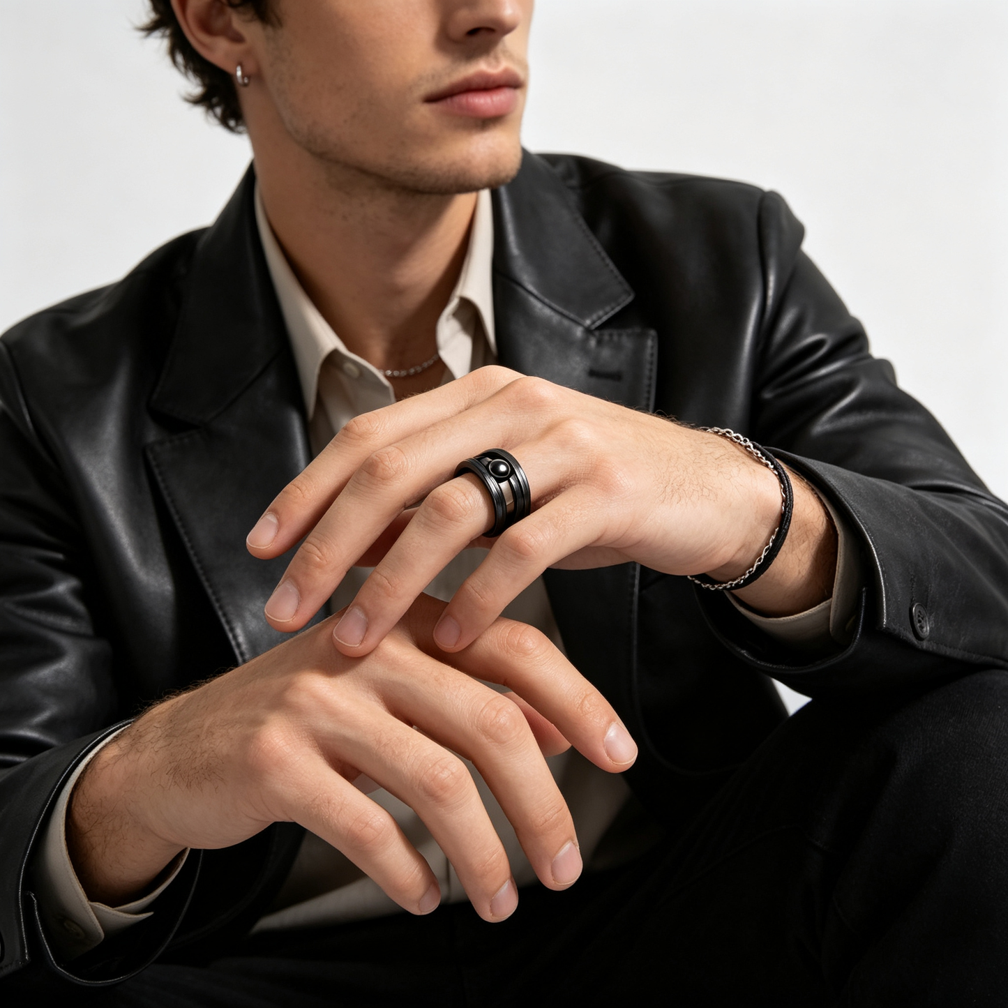 Men Black Hollow Double‑Layer Rotatable Bead Fidget Ring