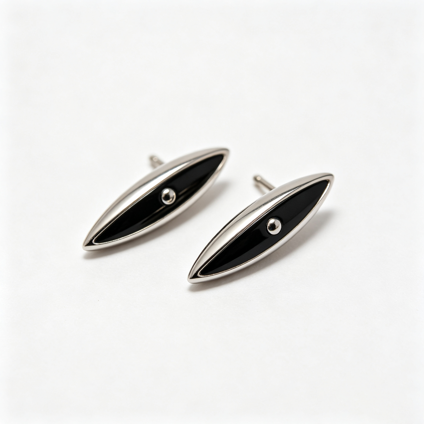 Men Silver Marquise Shape Stud Earrings Black Enamel Inlay Pair