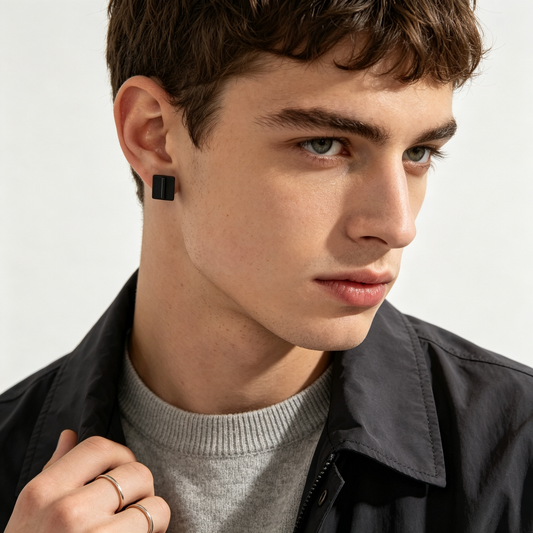 Men Matte Black Square Bar Detail Stud Earrings Minimal Modern Pair