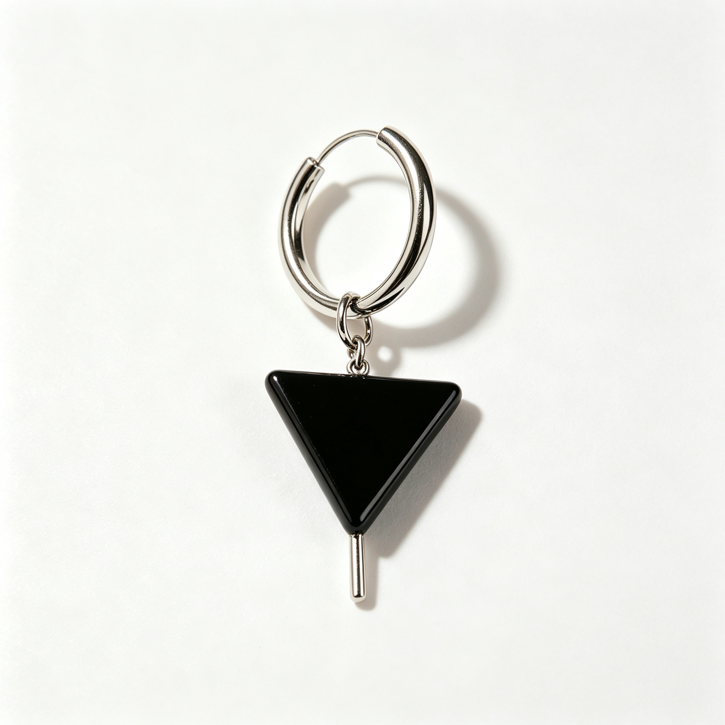 Men Silver Hoop Earring With Inlaid Black Triangle Charm Single