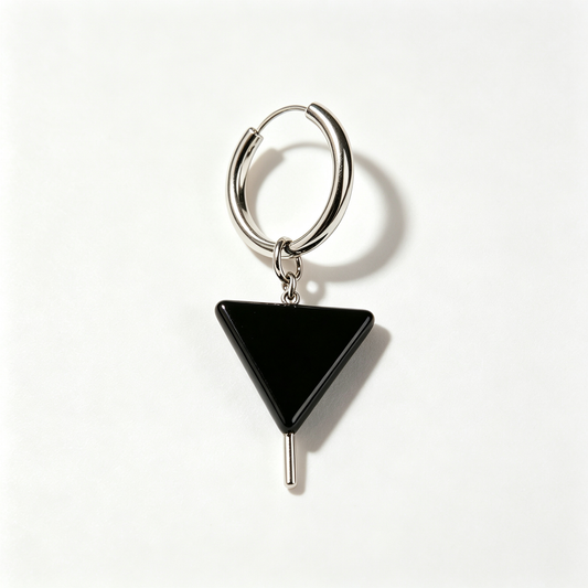 Men Silver Hoop Earring With Inlaid Black Triangle Charm Single