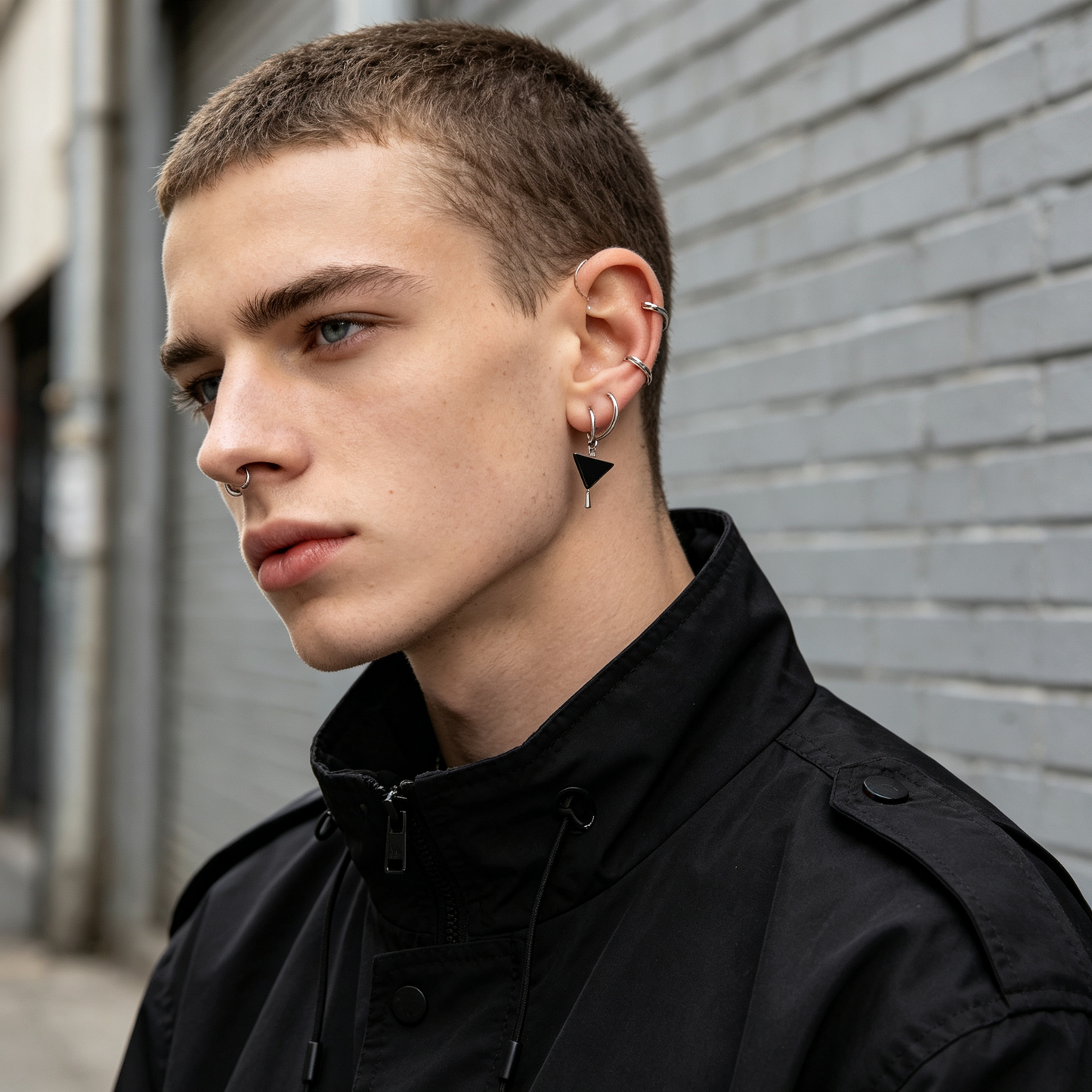 Men Silver Hoop Earring With Inlaid Black Triangle Charm Single