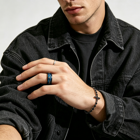 Men Black Tungsten Band Blue Resin Gold Vein Inlay Ring