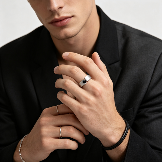 Men Gunmetal Brushed Band Ring With Single Black Round Gemstone